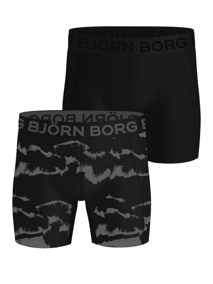 Vue de face du Sports Lightweight Boxers 2-pack Noir en microfibre d'entraînement avec logo gris et imprimé nuage.