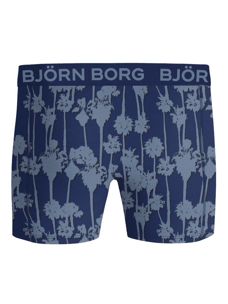 Framifrån på mjuka Bamboo Boxers 2-pack i Blå med palmtryck och en ljusblå logotyp på midjebandet. - Image 3