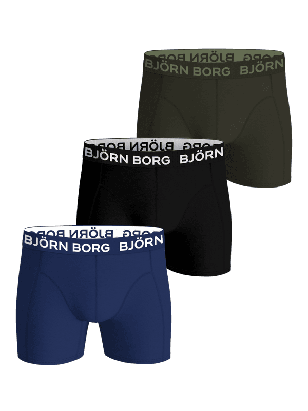 Front view of Bamboo Boxers 3-pack in green, black, and navy blue, with soft bamboo viscose boxer briefs for a great fit.