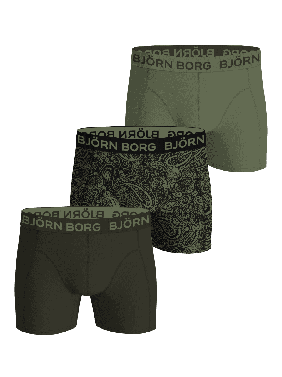 Björn Borg Bamboo Boxers 3-pack featuring green solid and paisley print boxer briefs with a soft microfiber logo waistband. - Image 1