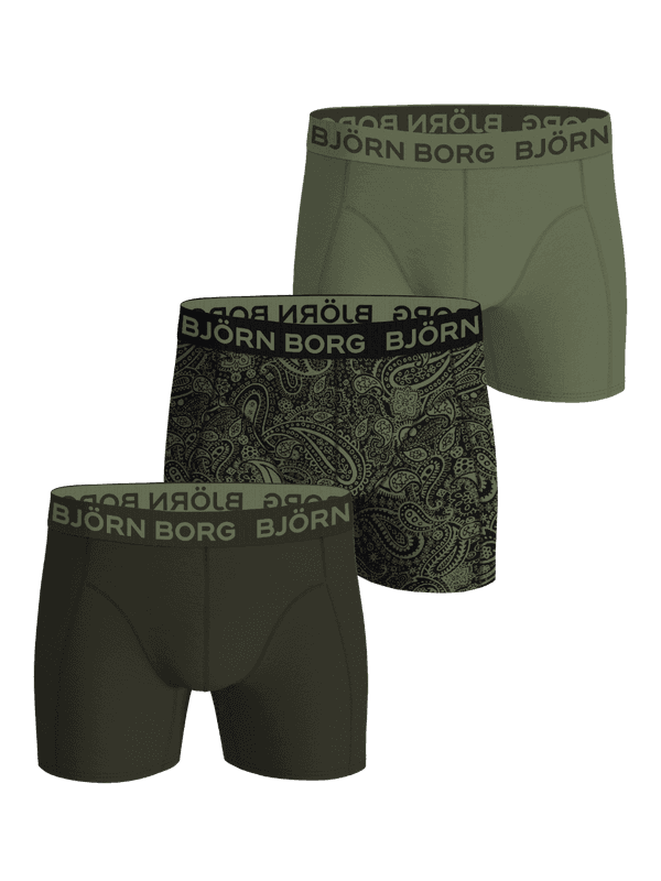 Björn Borg Bamboo Boxers 3-pack featuring green solid and paisley print boxer briefs with a soft microfiber logo waistband.