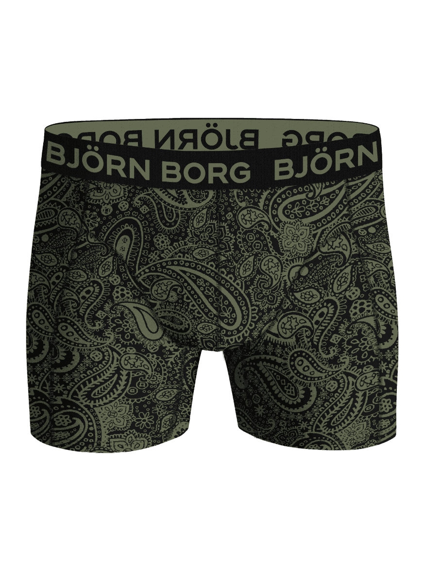 Front view of the Bamboo Boxers 3-pack in green paisley with a stylish fit and a green logo on a black waistband. - Image 4