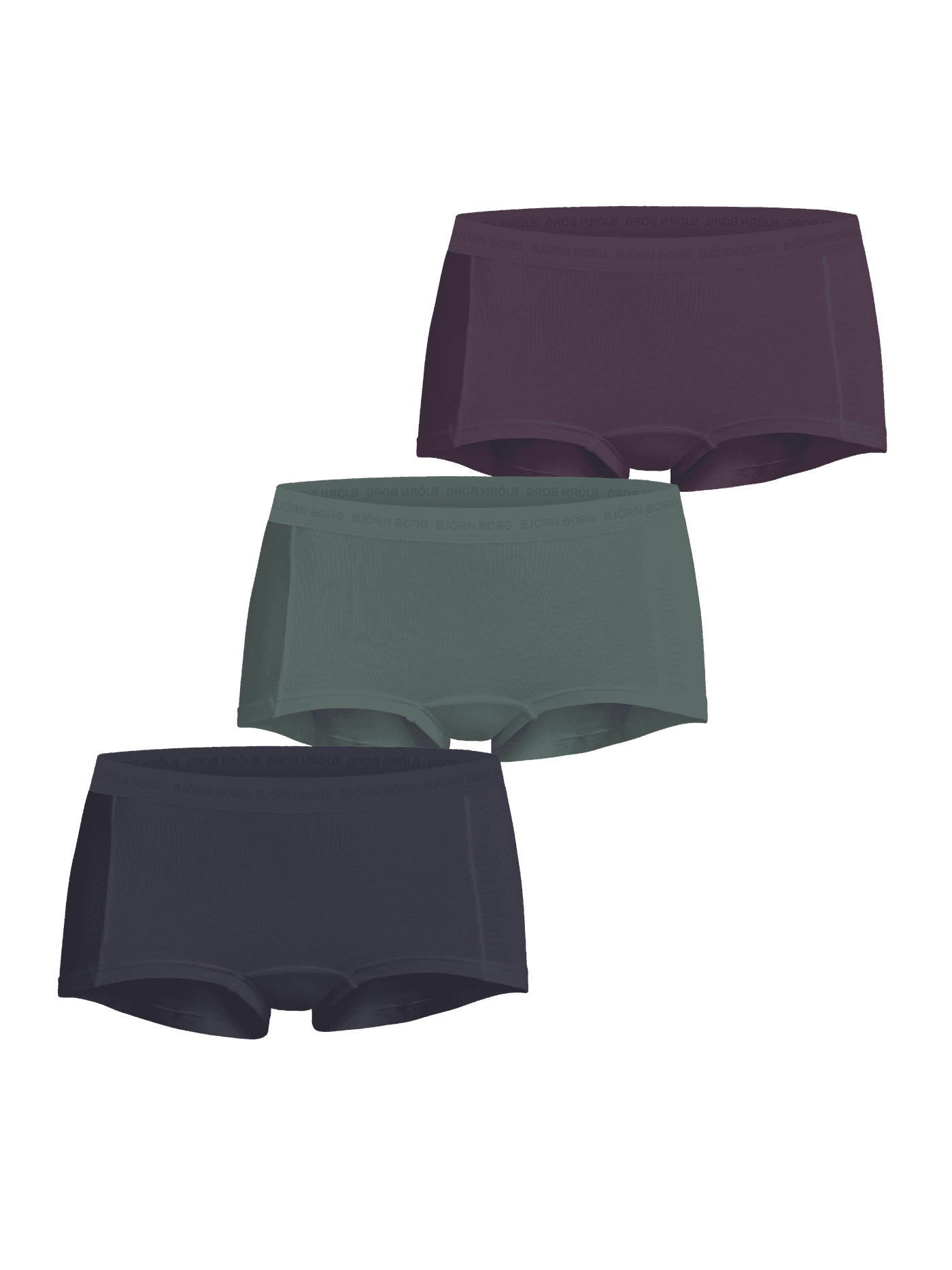 Everyday Cotton Boxers Shorts 3-pack en morado, verde y azul marino de algodón orgánico con un ajuste de tiro medio. - Image 1
