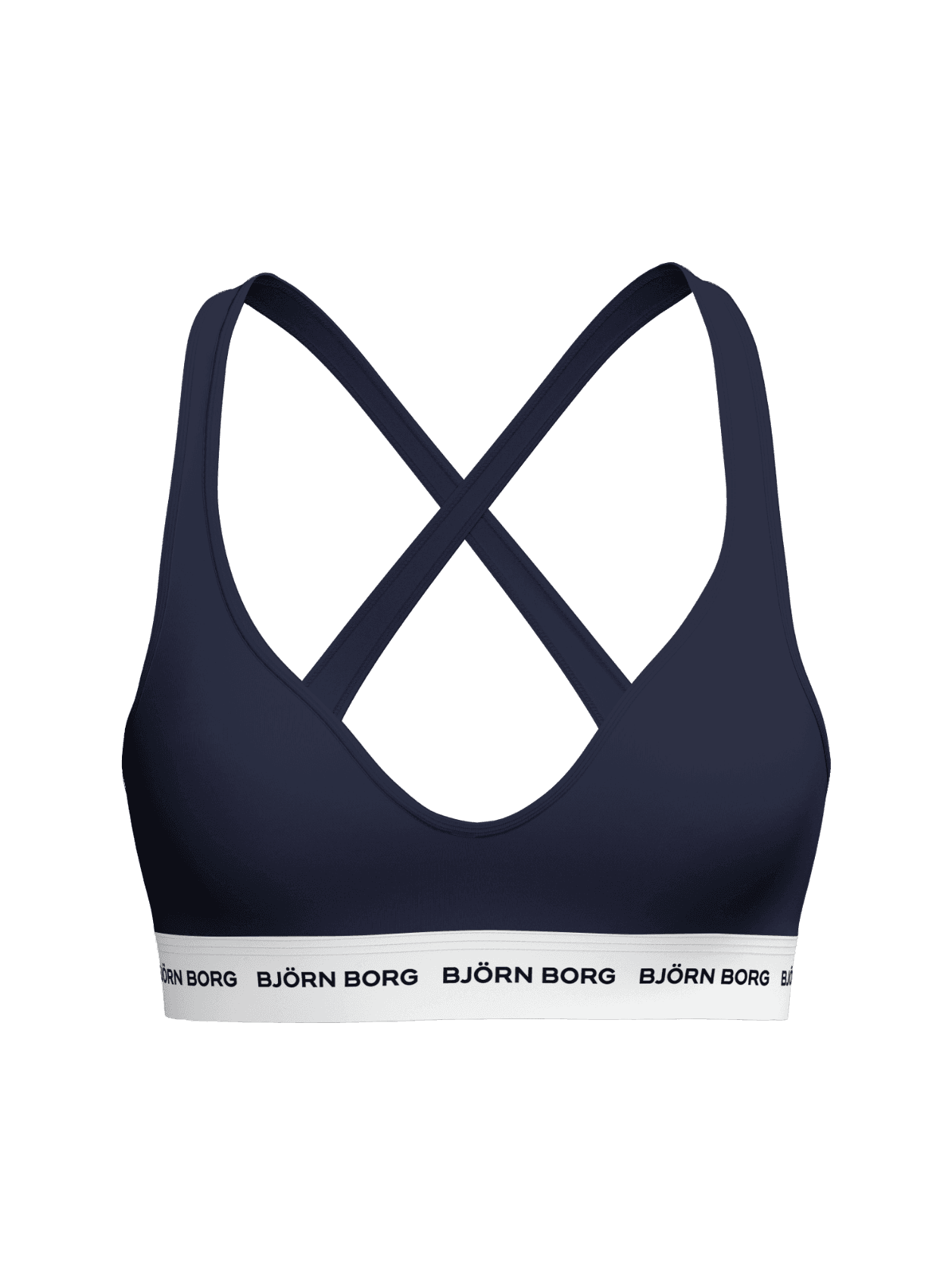 Front view of the Navy Logo Bralette featuring a white logo elastic, moulded cups, and crossed straps for a stylish fit. - Image 2