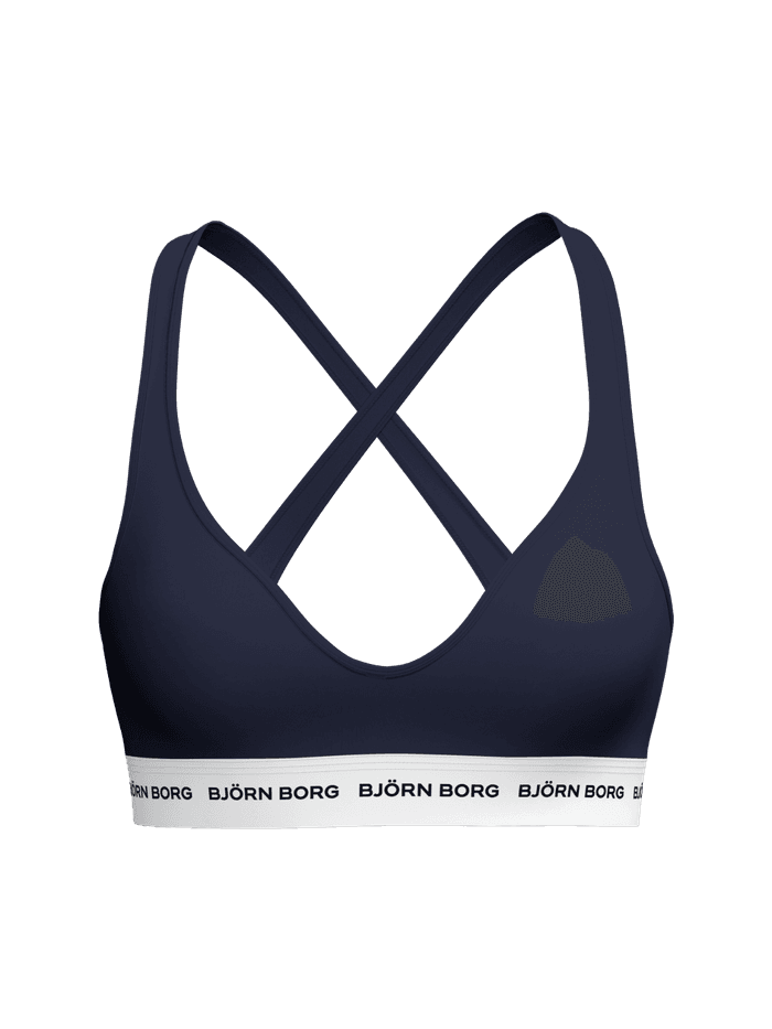 Logo Bralette in Outerspace (Marineblauw) met witte logo-elastiek, voorgevormde cups en gekruiste bandjes, vooraanzicht. - Image 2