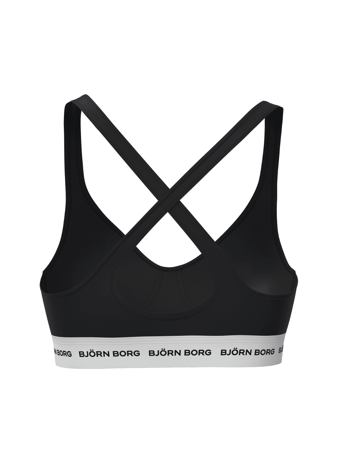 Back view of the black cotton Björn Borg Logo Bralette with crossed straps for a secure fit and white band with black logos. - Image 4