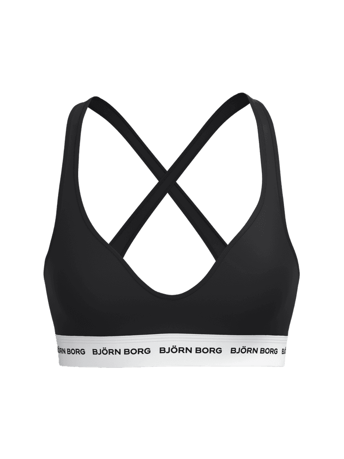 Black Logo Bralette featuring a crossed back and white logo elastic, designed for a stylish leisure fit in soft cotton. - Image 3