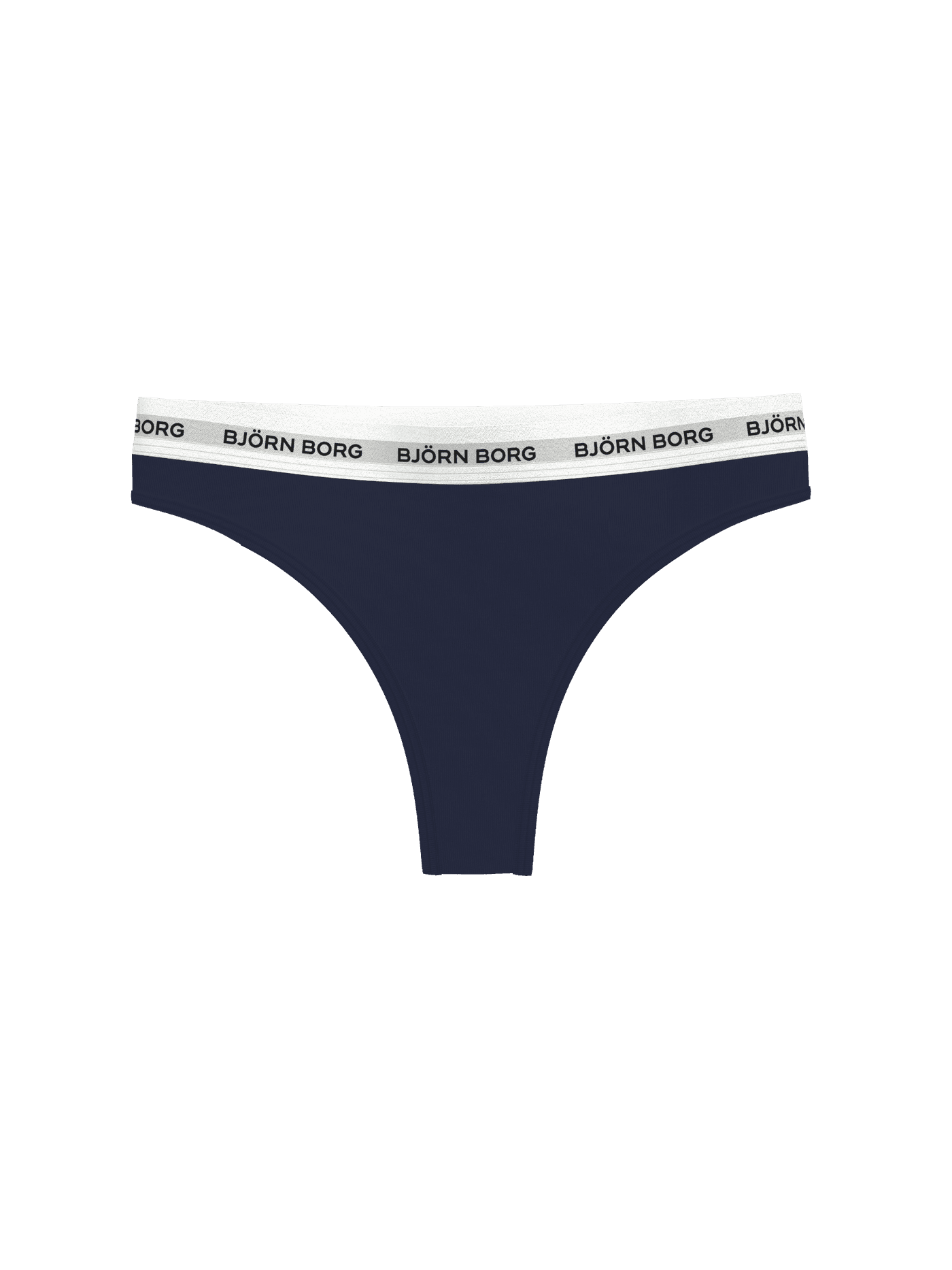 Front view of the navy blue Logo Thongs 3-pack for women featuring a flattering fit and white waistband with black logos. - Image 3