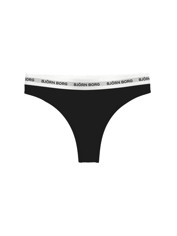 Logo Thongs 3-pack til kvinder i sort blød bomuldsstretch set forfra med hvid elastiklinning og sort logo. - Image 2