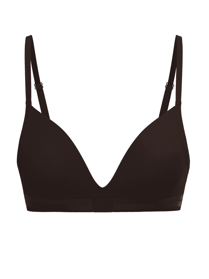 Front view of the women's Soft Touch Bra in brown with soft lyocell and tonal branded herringbone elastic for a stylish fit. - Image 2