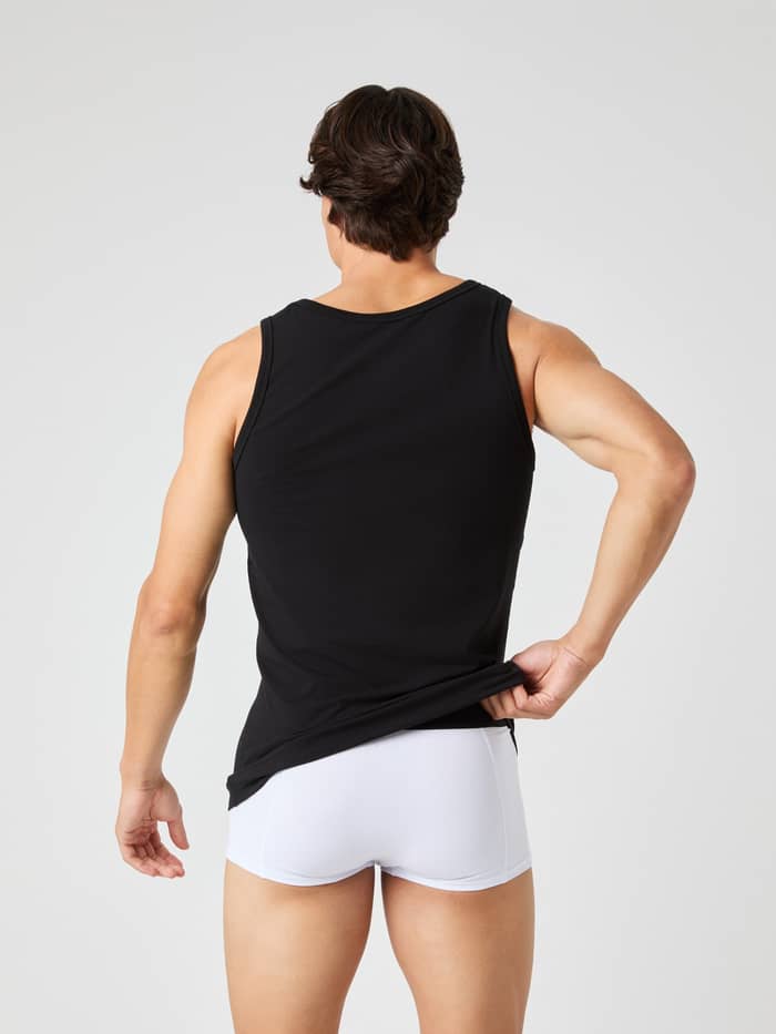 Vue de dos du Core Slim Tank 2-pack noir, débardeur ajusté pour homme en mélange de coton et élasthanne. - Image 3
