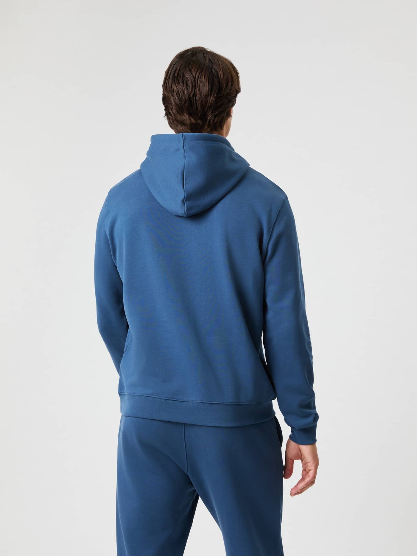 Back view of a man wearing the Borg Classic Print Hoodie in Sargasso Sea (Blue), featuring a relaxed fit in 100% cotton. - Image 3