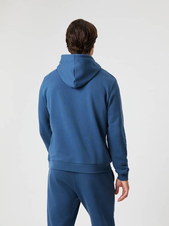 Achteraanzicht van een man in de Borg Classic Print Hoodie in Sargasso Sea (Blauw) van 100% katoen met relaxte pasvorm. - Image 3