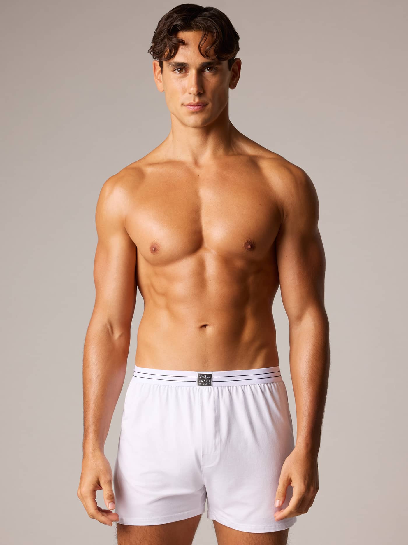 Vita Viscose Cotton Blend Jersey Boxers Shorts 2-pack med randig midja och lös passform på en man sedd framifrån. - Image 2