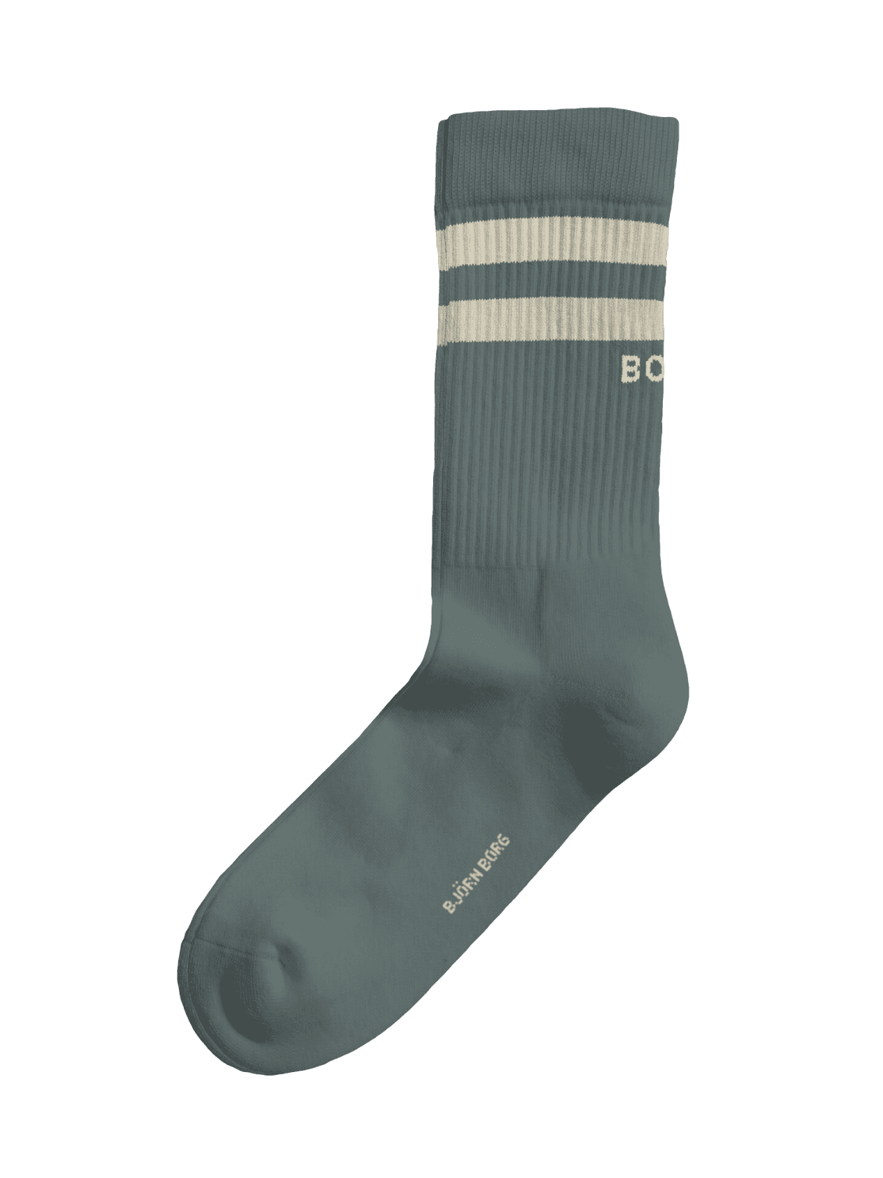 Side view of the green and white Core Crew Socks 3-pack with ribbed cuffs and a white BORG logo for a stylish fit. - Image 3