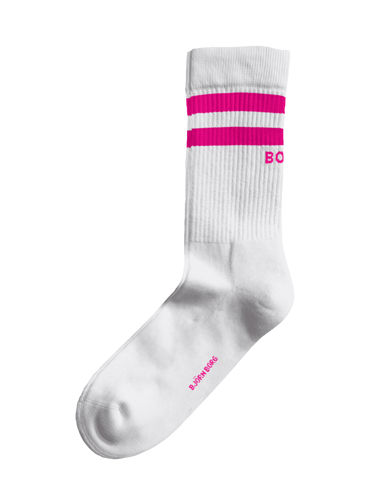 Side view of a white Björn Borg Core Crew Sock in Multi featuring pink stripes and logo details. - Image 4
