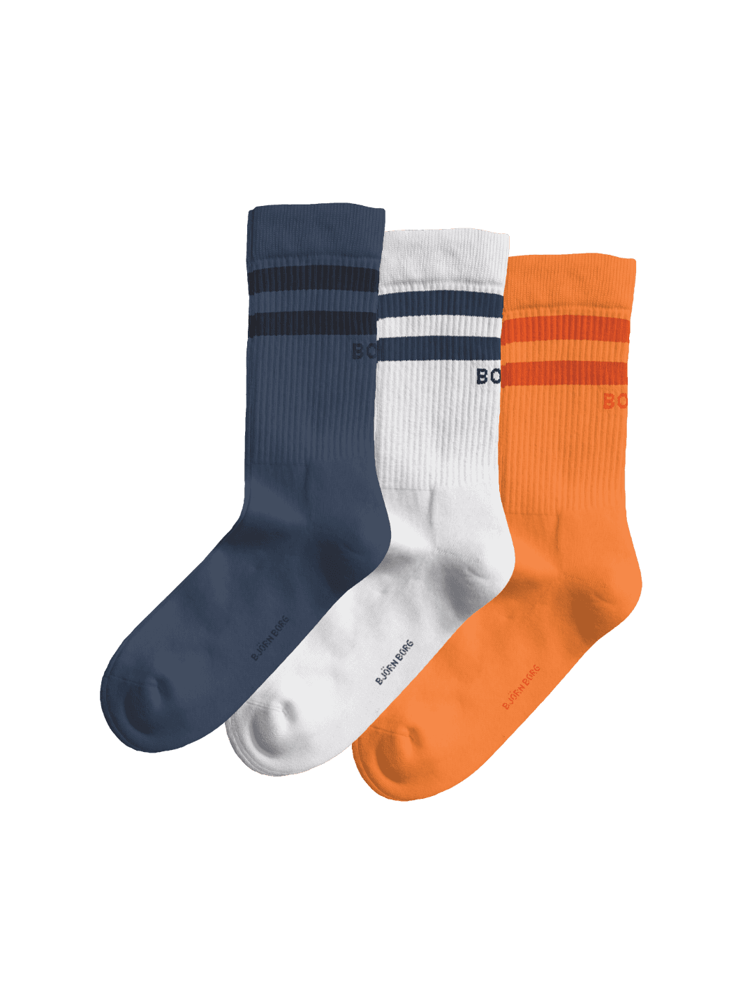 Core Crew Socks 3-pack in marineblauw, wit en oranje van katoenmix met strepen, geribbelde boorden en een donker logo. - Image 1