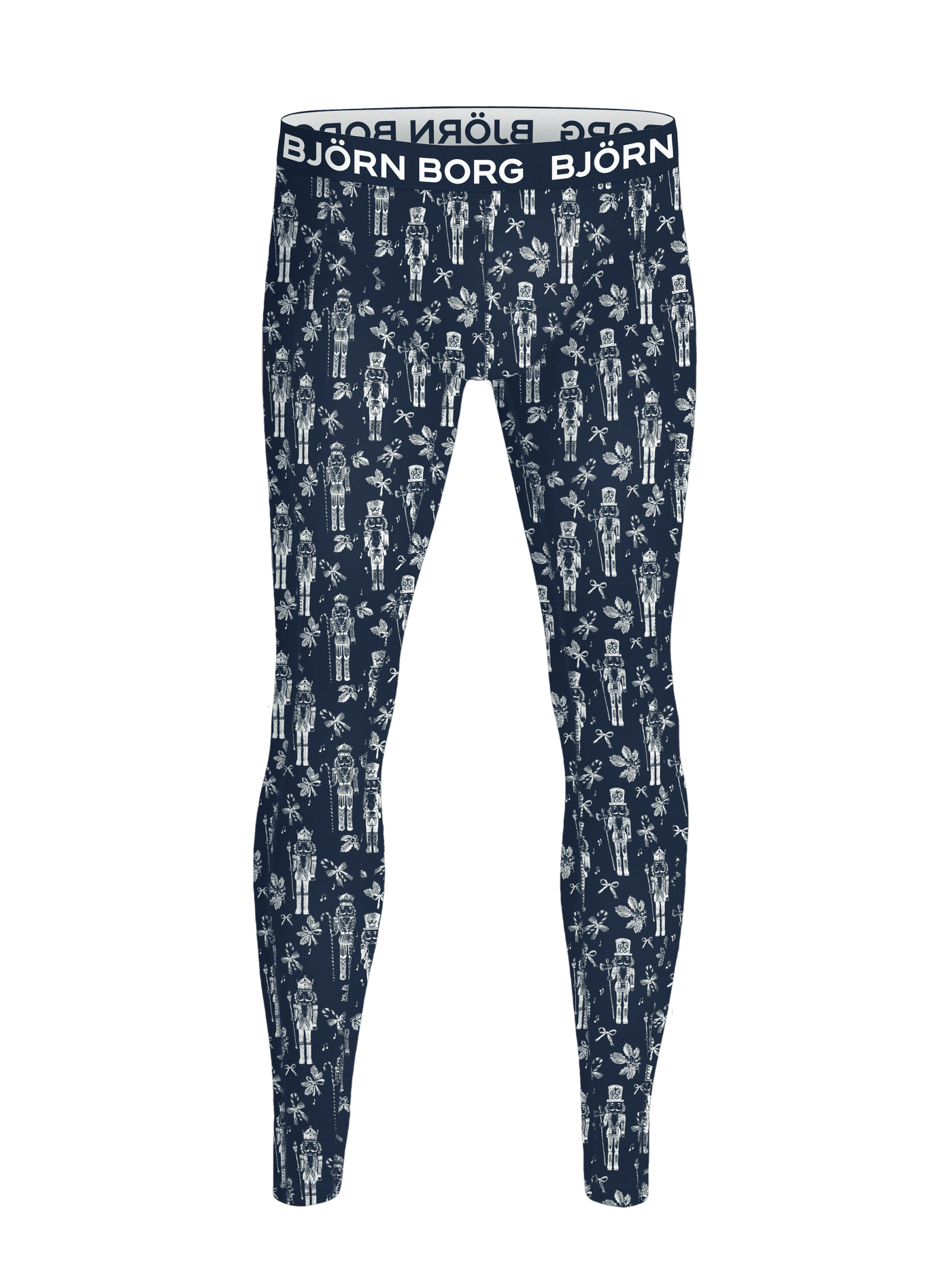 Front view of the Cotton Stretch Long John 1-pack in blue with a white nutcracker pattern and a white logo waistband. - Image 1
