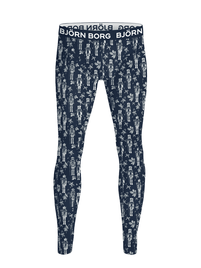 Front view of the Cotton Stretch Long John 1-pack in blue with a white nutcracker pattern and a white logo waistband.