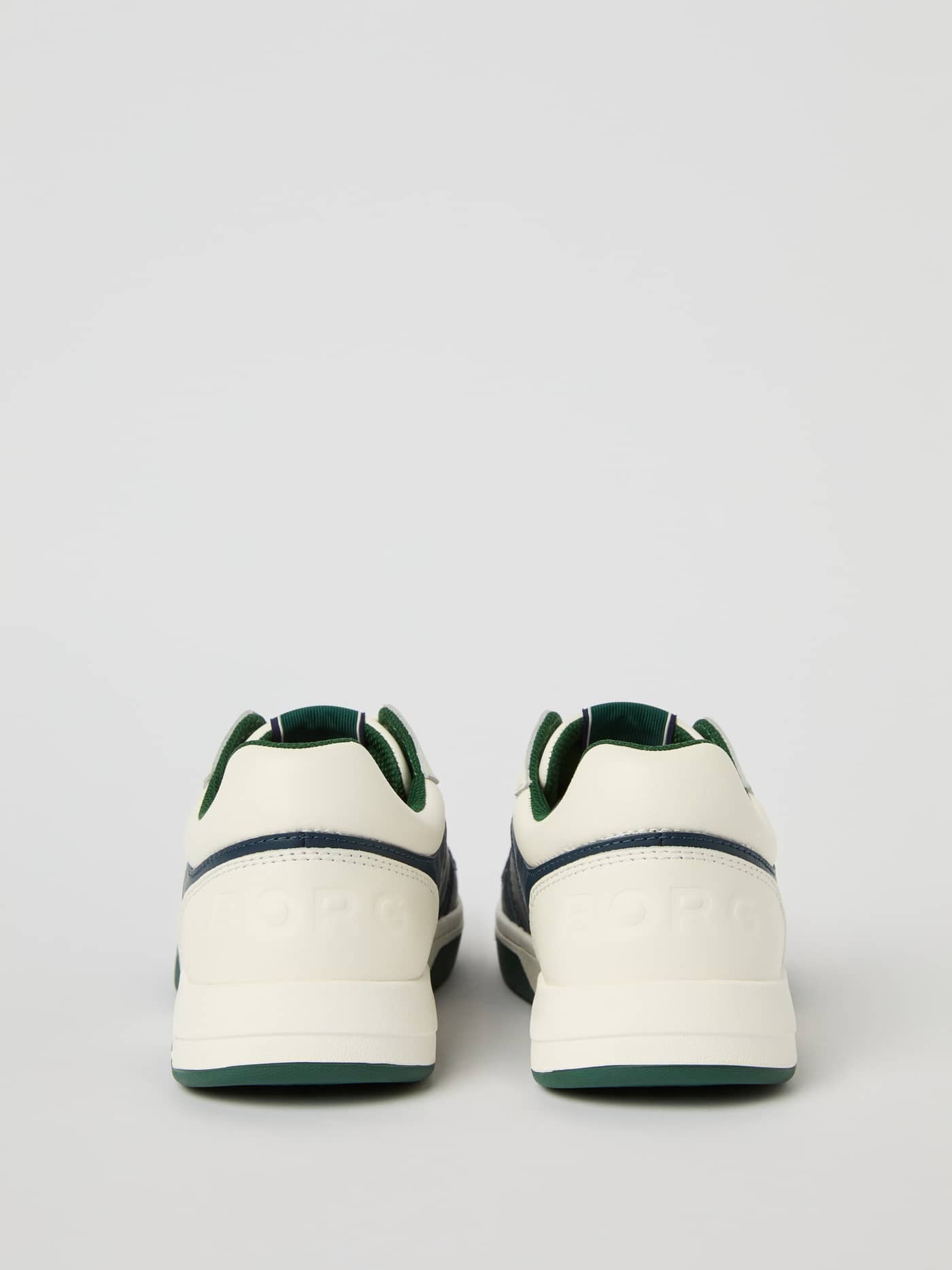 Back view of the Men's Ollie Leather Sneakers in off white, navy and green leather for a refined tennis look. - Image 4