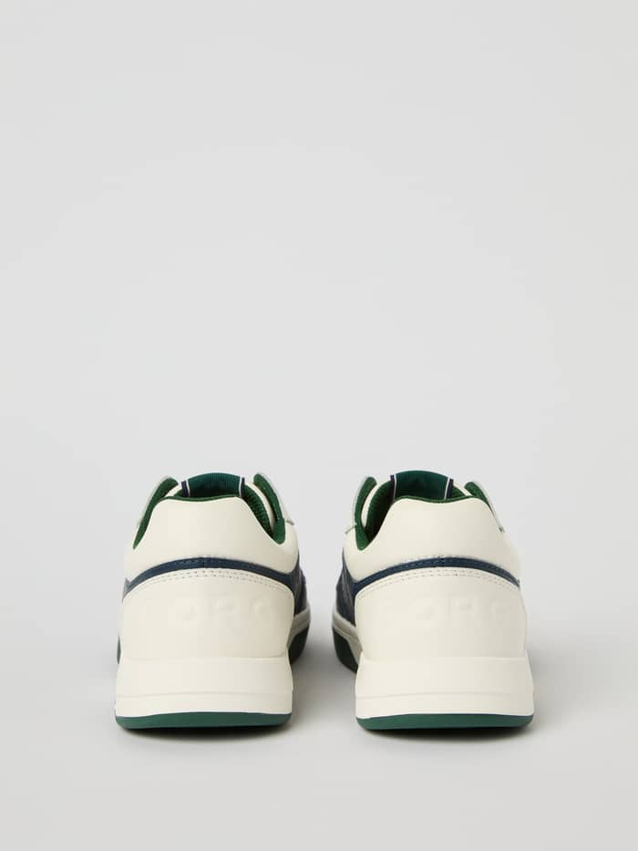 Men's Ollie Leather Sneakers in off white, navy en groen leer met een verfijnde tennislook, achteraanzicht. - Image 4