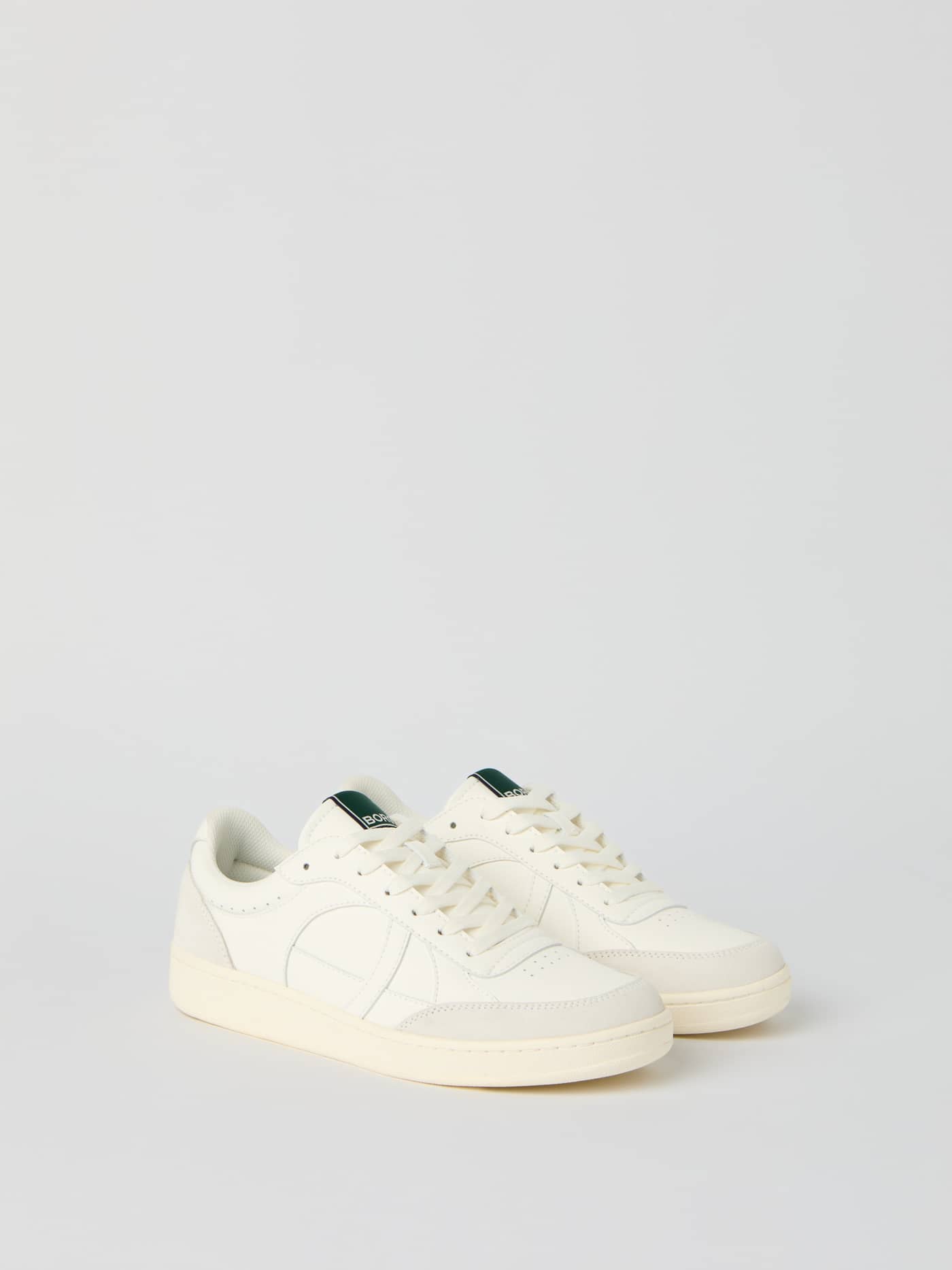 White Men's Court Sneakers in synthetic leather with a tennis-inspired design, green logo, and functional streamlined fit. - Image 1