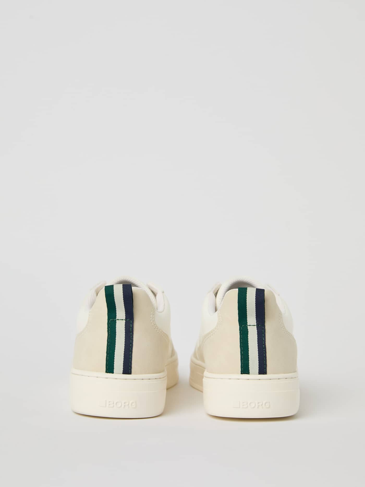 Back view of white Men's Game Low Sneakers with a striped heel tab and white BORG logo for a stylish leisure fit. - Image 4