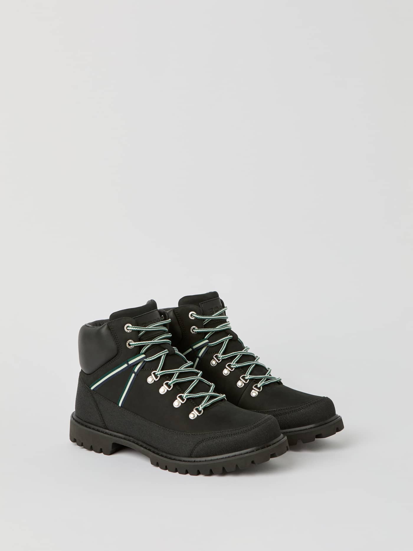 Front view of the black Men's Venture Boots crafted from premium leather, with hiking-style patterned laces and a black logo. - Image 2