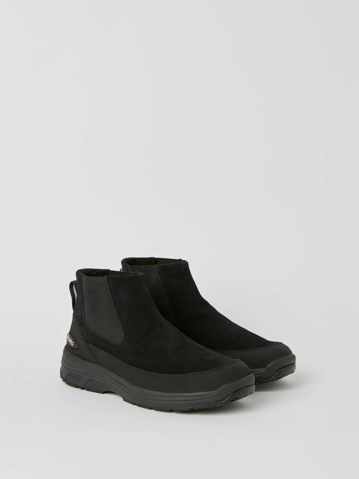 Men's Chelsea Tech Boots in black suede with a white BORG logo, flexible elastane panels, and a durable rubber sole. - Image 1