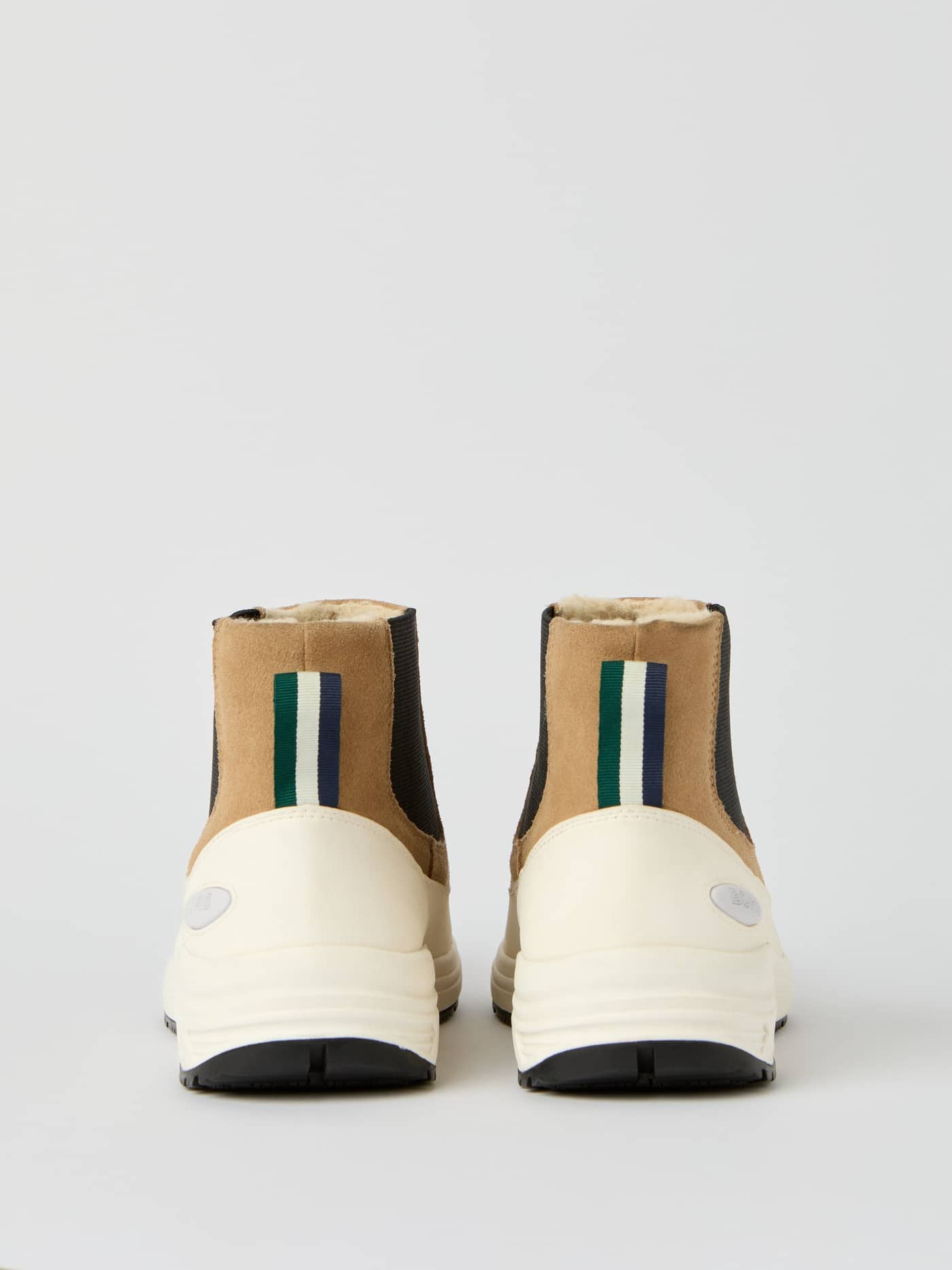 Back view of the beige Men's Chelsea Tech Boots, crafted from premium cow suede with a durable rubber sole. - Image 3