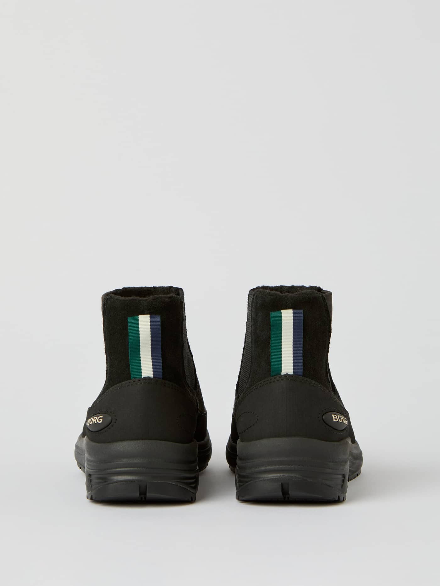 Back view of the black Women's Chelsea Tech Boots in premium suede, featuring a striped heel tab and gold BORG logo. - Image 3