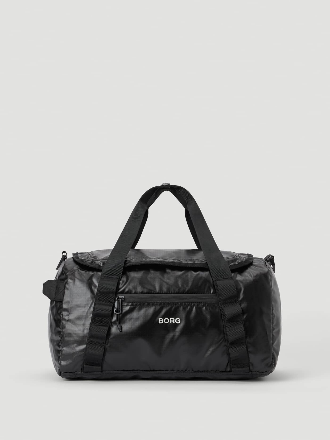 Front view of the Borg Glossy Ripstop Sports Bag 25L in Black Beauty (Black) featuring a white logo for training sessions. - Image 1