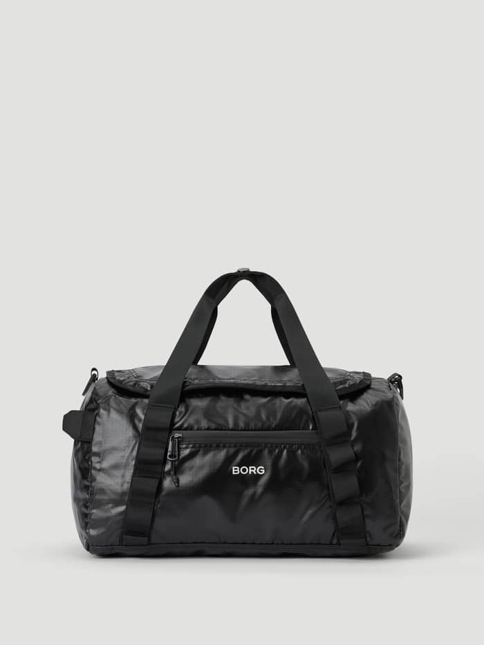 Borg Glossy Ripstop Sports Bag 25L sedd framifrån i Black Beauty (Svart) med vit logotyp för träningspass.