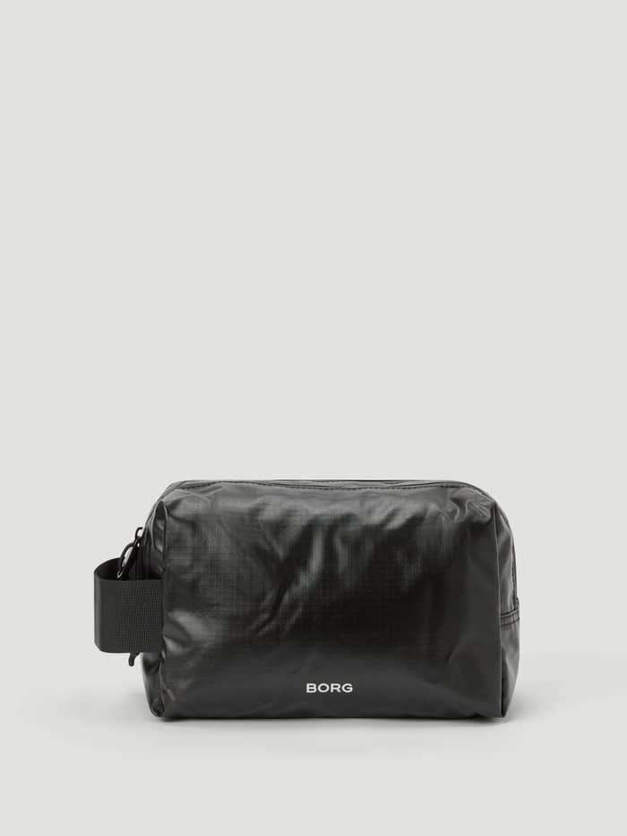 Borg Glossy Ripstop Wash Bag i Black Beauty (Svart), en slitesterk toalettmappe med hvit logo for trening og reise.