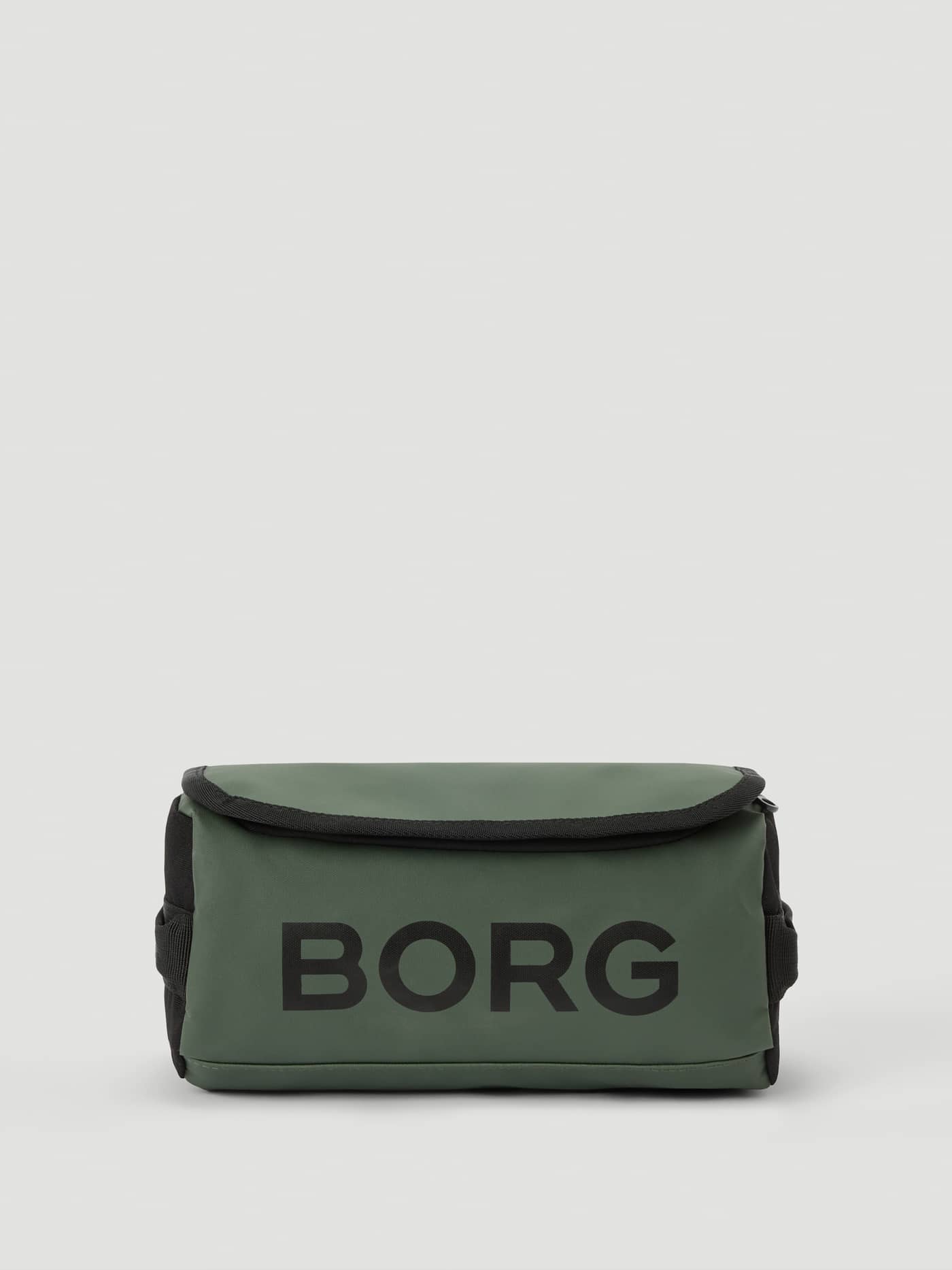 Mountain View (Groen) Travel Wash Bag toilettas in vooraanzicht met zwart BORG-logo en duurzame TPE-coating. - Image 1