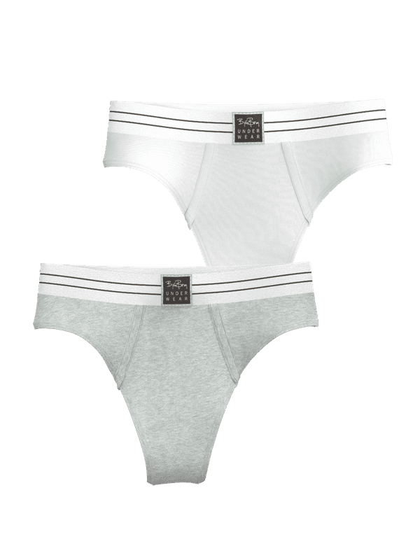 Front view of the Original Thongs 2-pack in white and grey, featuring soft organic cotton and a black logo patch.