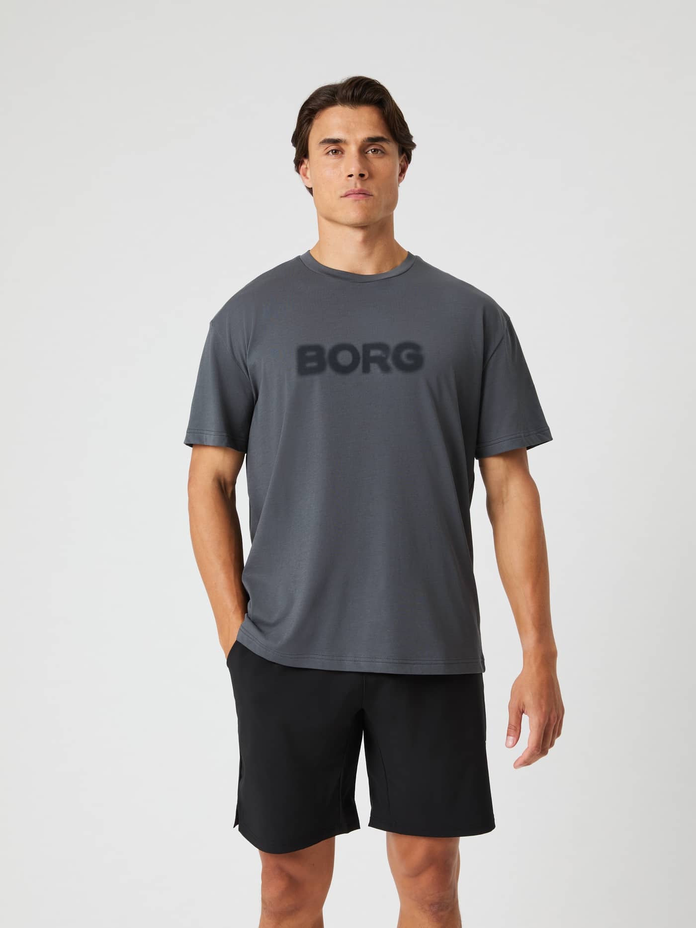Borg Gym Oversized T-Shirt i Asphalt (Grå) med svart logo til trening, sett forfra i en moderne oversized passform. - Image 1