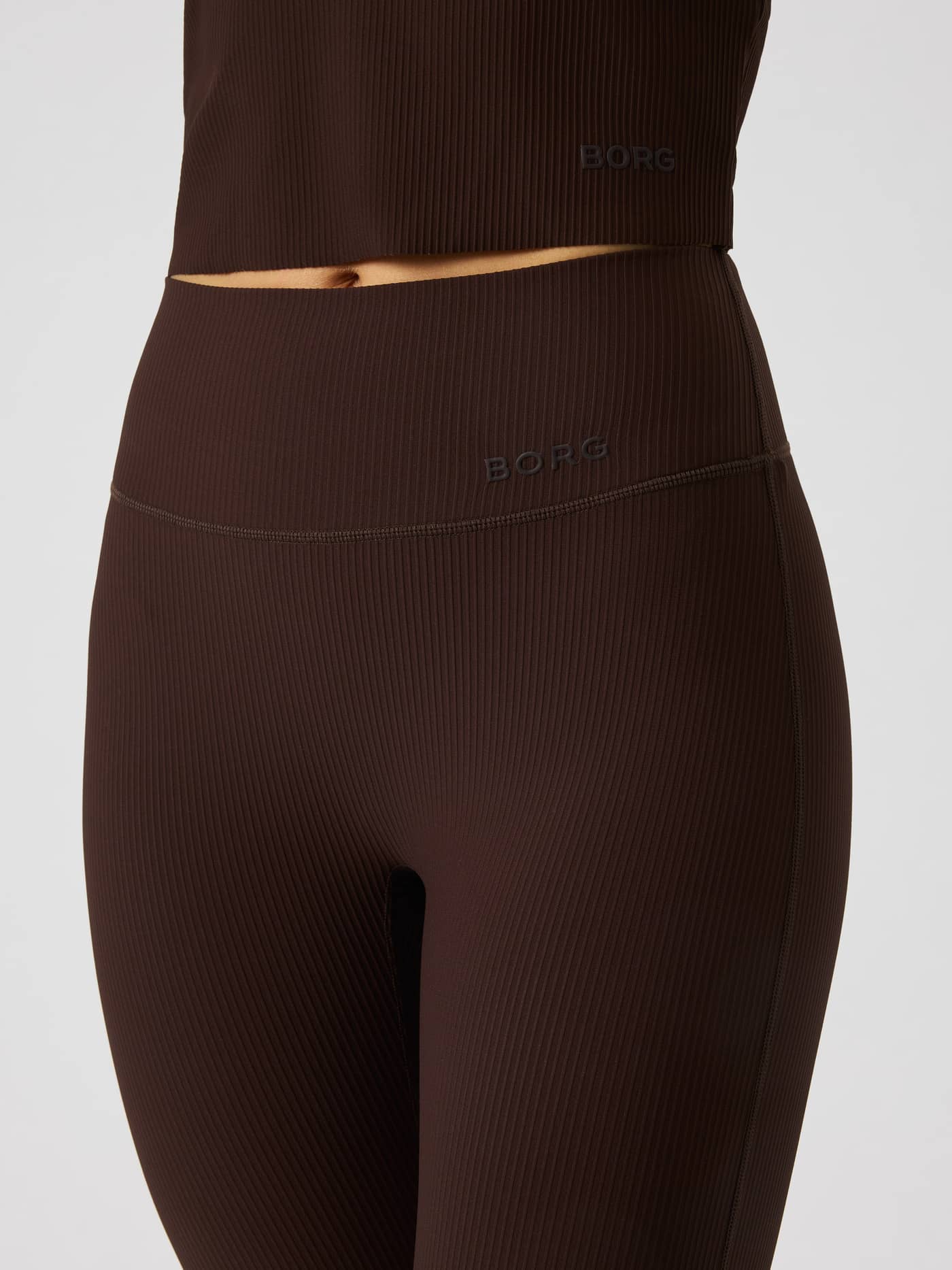 Studio Ribbed Flare Tights Regular in Coffee Bean (Brown) featuring a ribbed training fabric and tonal Borg logo. - Image 5