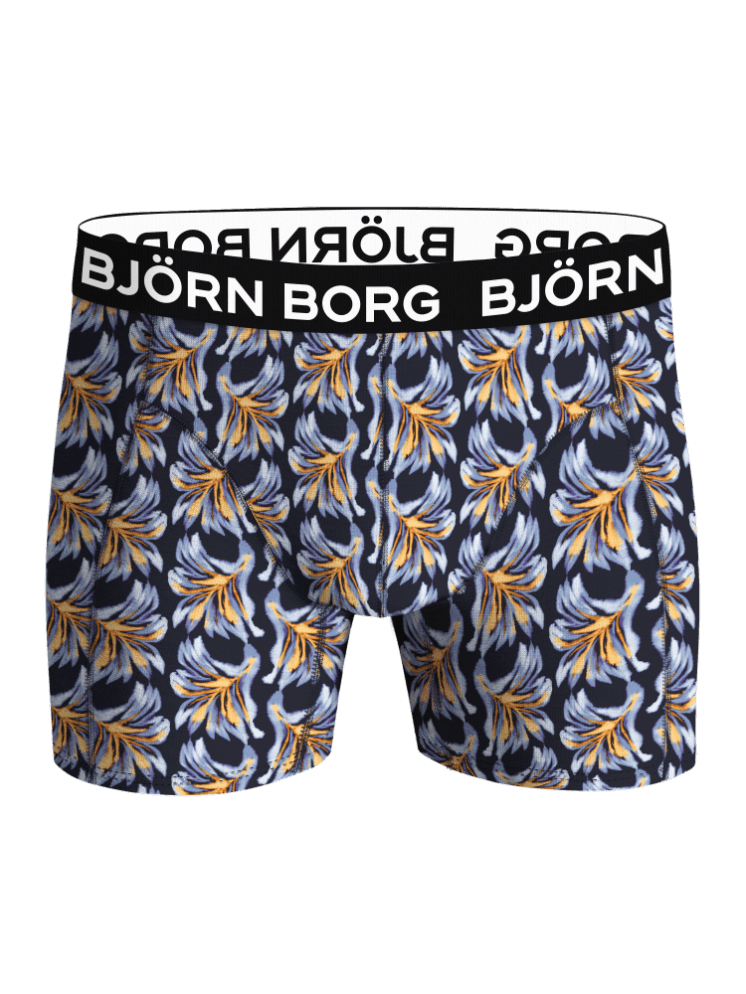 Microfiber Boxers 1-pack voor heren met een blauwe en oranje bladerenprint en wit logo op de zwarte tailleband. - Image 1