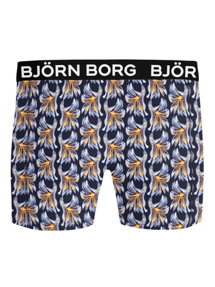 Microfiber Boxers 1-pack i marineblått og oransje bladprint med hvit logo og tøyelig passform, sett forfra. - Image 2