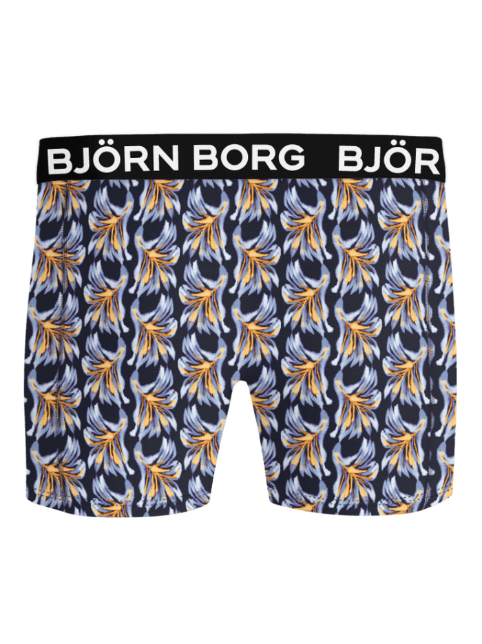 Microfiber Boxers 1-pack i marineblåt og orange Sunny Day 1-bladprint med hvidt logo og strækbar pasform set forfra. - Image 2