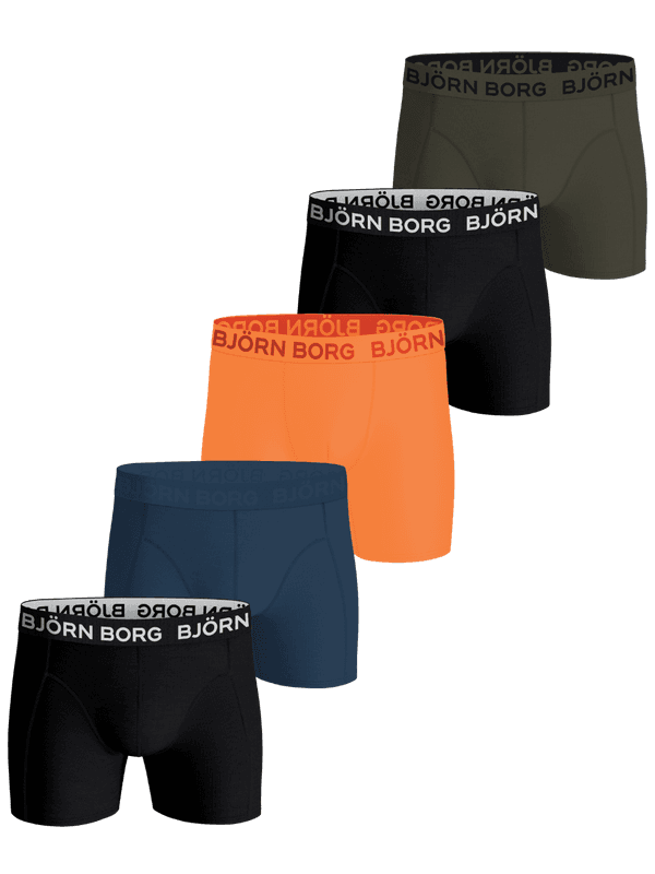 Sports Microfiber Boxers 5-pack för träning i svart, grön, orange och marinblå mikrofiber med elastisk logotypresår.