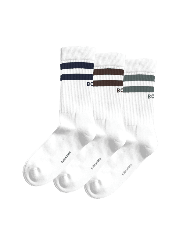Core Crew Socks 3-pack i Brilliant White (Hvit) med marineblå, grønne og brune striper og logoer for en stilfull passform.
