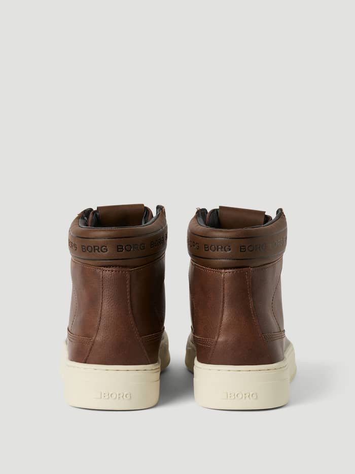 Men's Game High Sneakers in Bruin van duurzaam synthetisch leer met zwarte BORG-tennislogo's, achteraanzicht. - Image 2