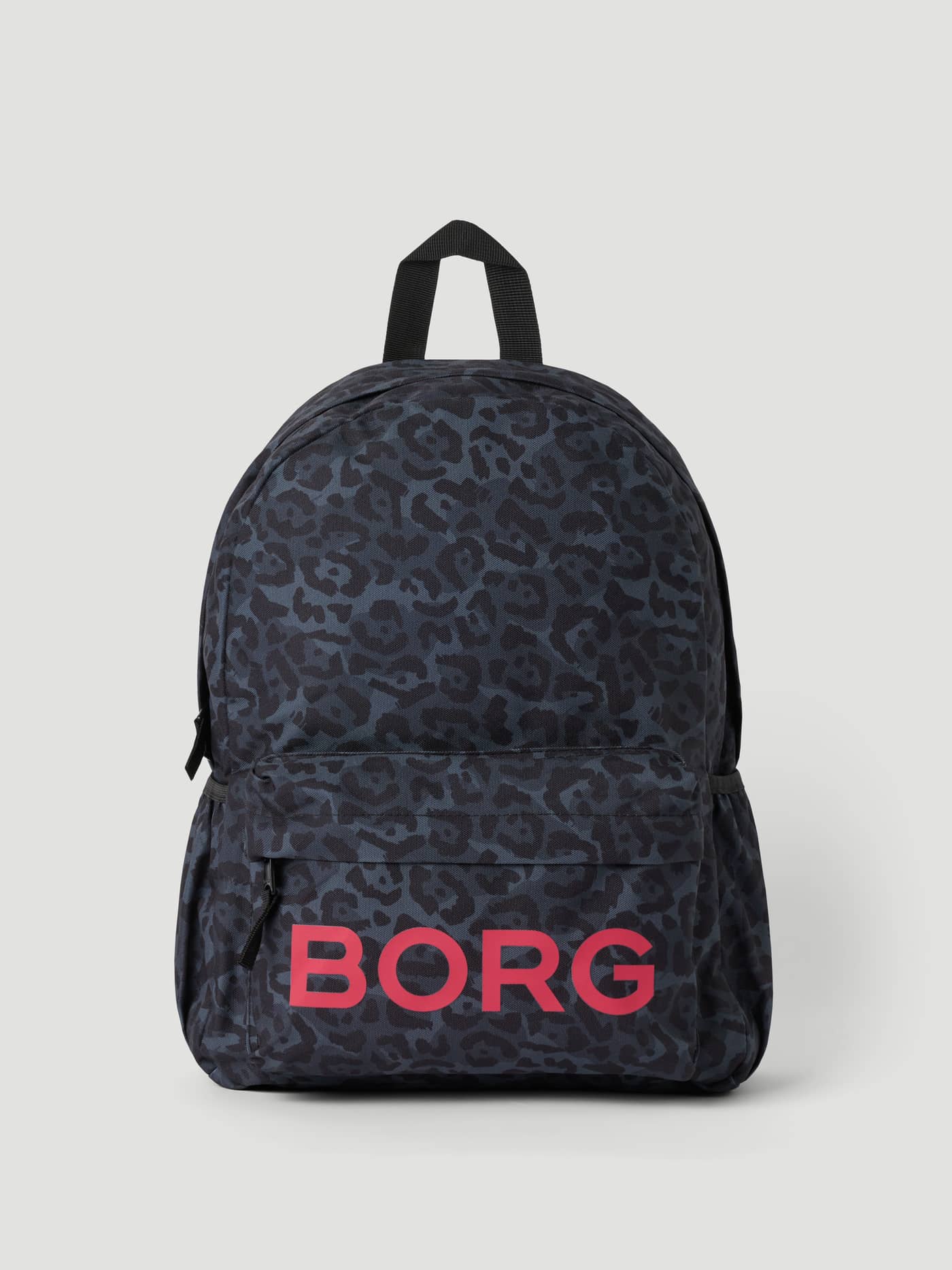 Front view of the Borg kids Backpack 15L in Leo (Grey) featuring a leopard print and a bold pink BORG logo. - Image 1
