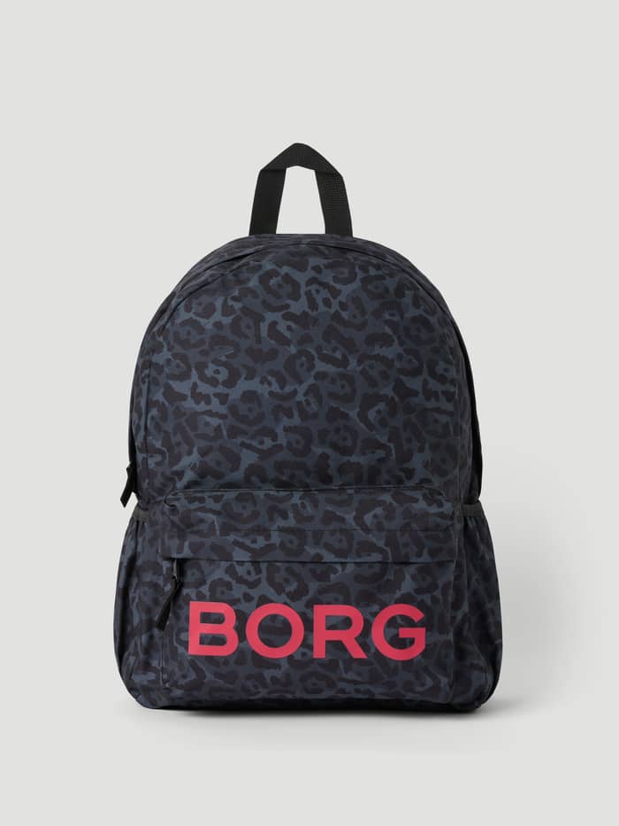 Front view of the Borg kids Backpack 15L in Leo (Grey) featuring a leopard print and a bold pink BORG logo.