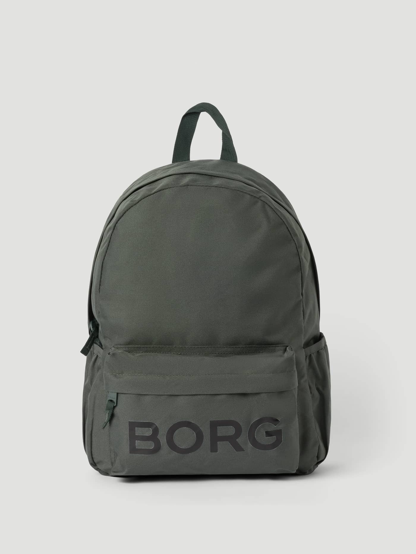 Front view of the Borg Junior Backpack 15L in Thyme (Green) for kids featuring a black BORG logo. - Image 1