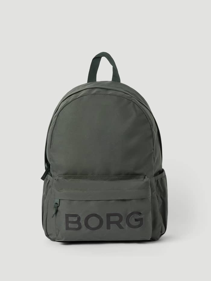 Front view of the Borg Junior Backpack 15L in Thyme (Green) for kids featuring a black BORG logo.