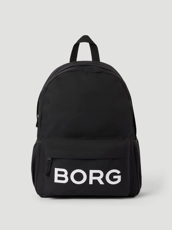 Borg rugzak voor kids 15L in Black Beauty (Zwart) met een wit BORG-logo, vooraanzicht.