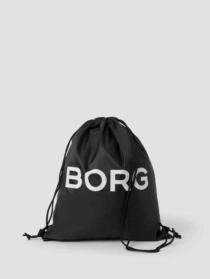 Borg Kids Drawstring Bag 15L in Black Beauty (Zwart) met een opvallend wit BORG-logo en trekkoorden in vooraanzicht.